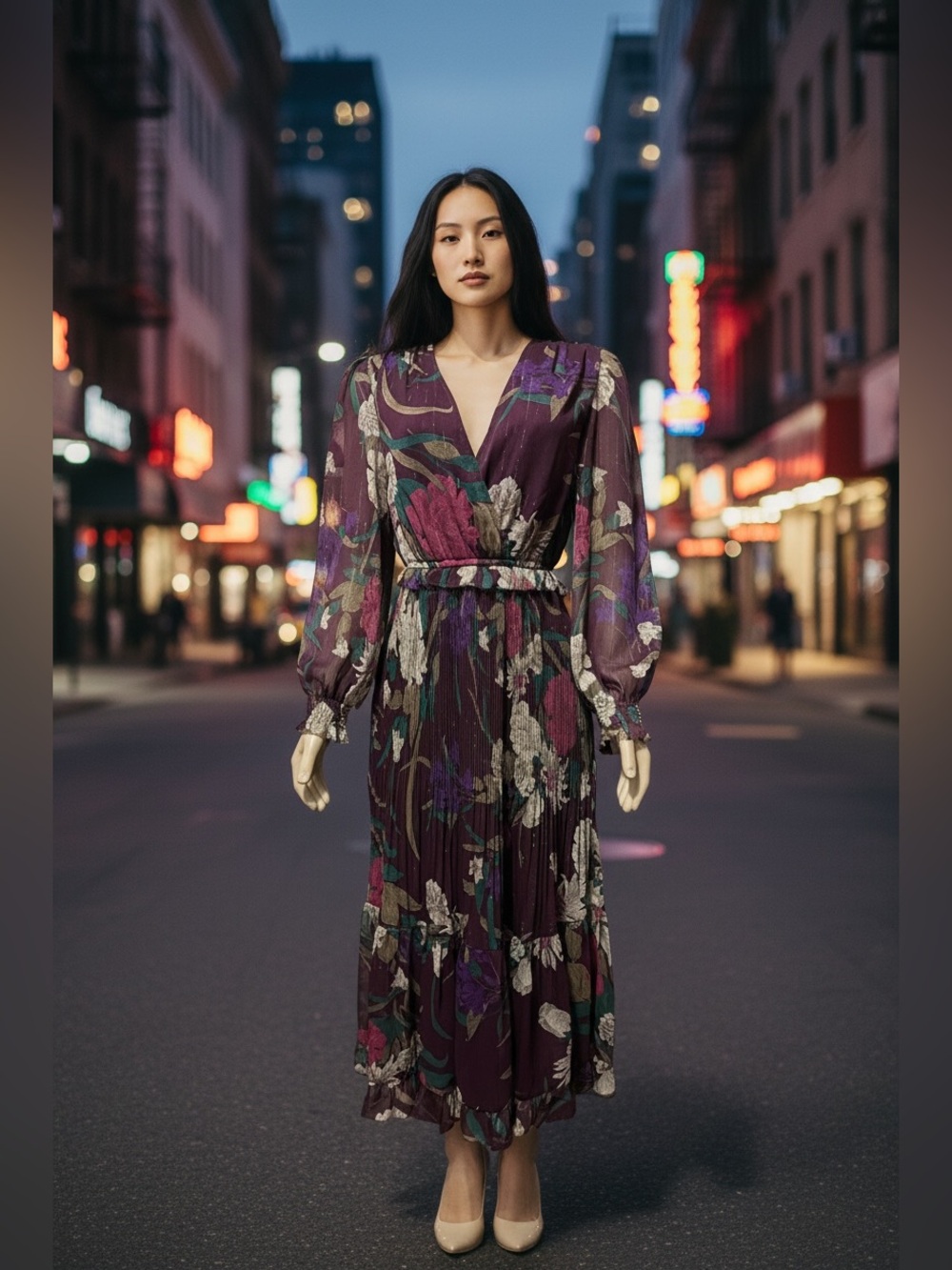 NWT Current Air Los Angeles Sz S Wine Floral Long Sleeve V-Neck Midi Dress Wine